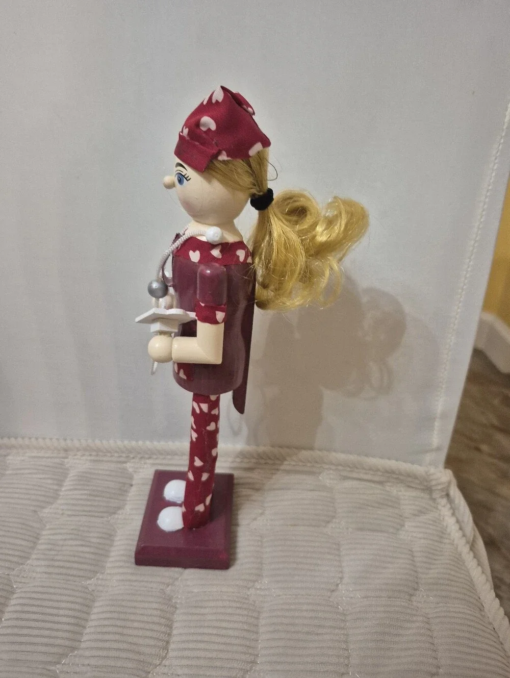 Red Heart Pattern Nurse Nutcracker Doll